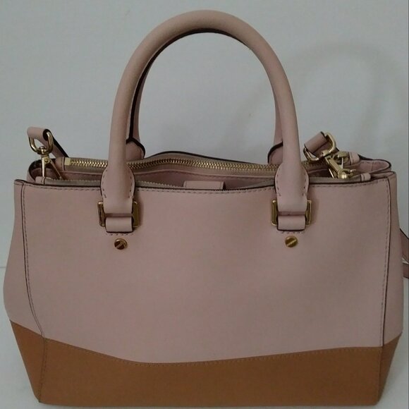 Michael Kors Satchel Bag Purse Double Handle Logo Charm Pink/Tan - Picture 11 of 16
